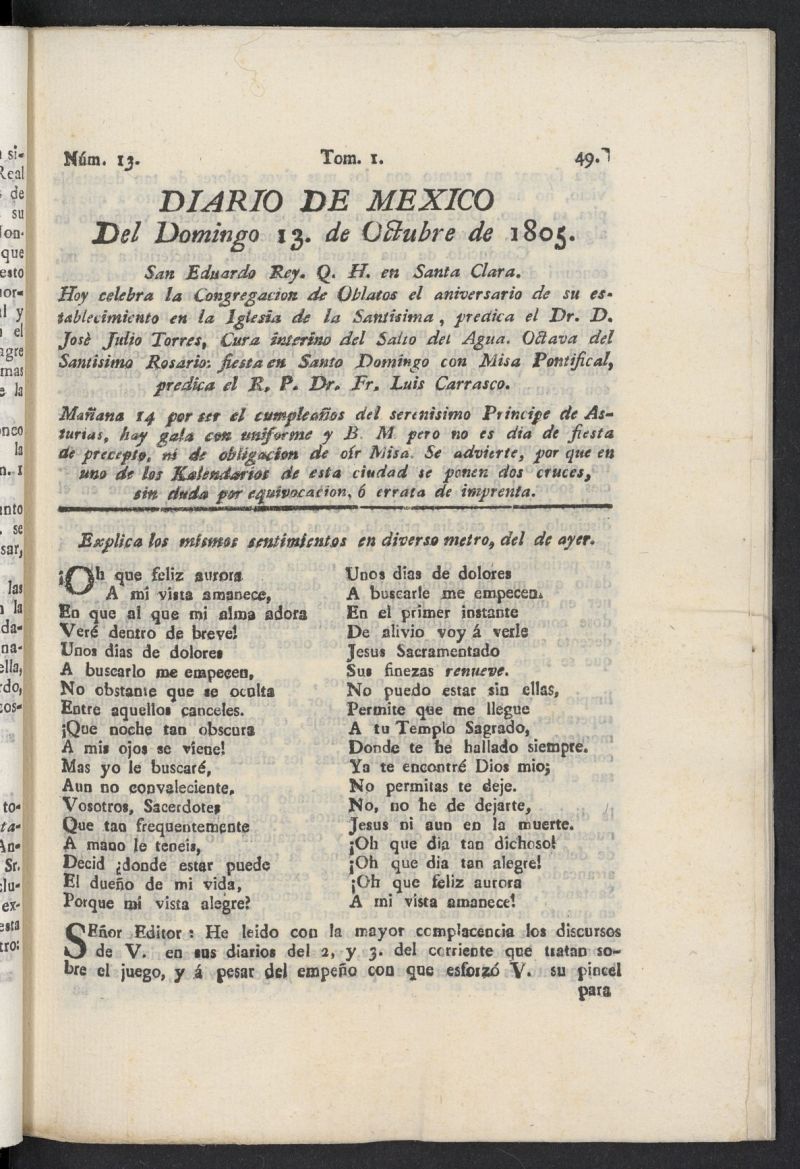 Diario de Mxico del 13 de octubre de 1805, n 13