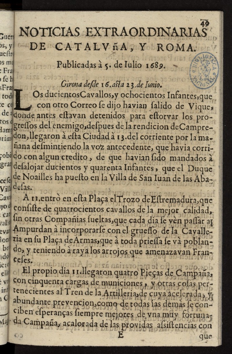 Noticias Extraordinarias de Catalua, y Roma del 5 de julio de 1689