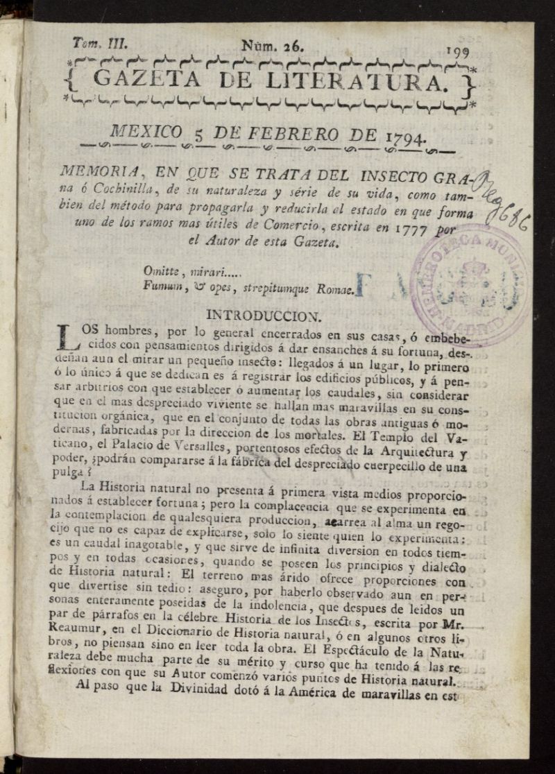 Gaceta de Literatura del 5 de febrero de 1794, n 26