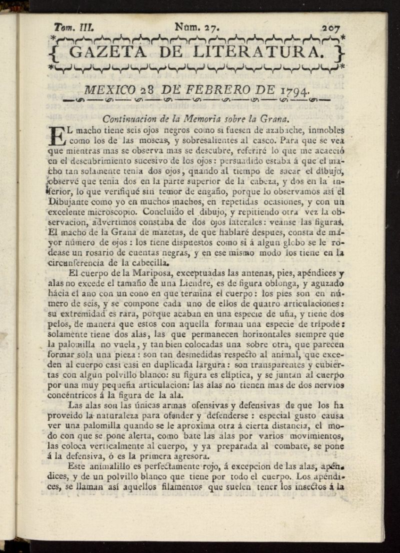 Gaceta de Literatura del 28 de febrero de 1794, n 27