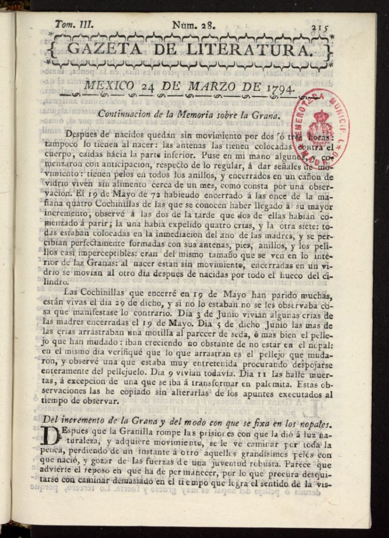 Gaceta de Literatura del 24 de marzo de 1794, n 28
