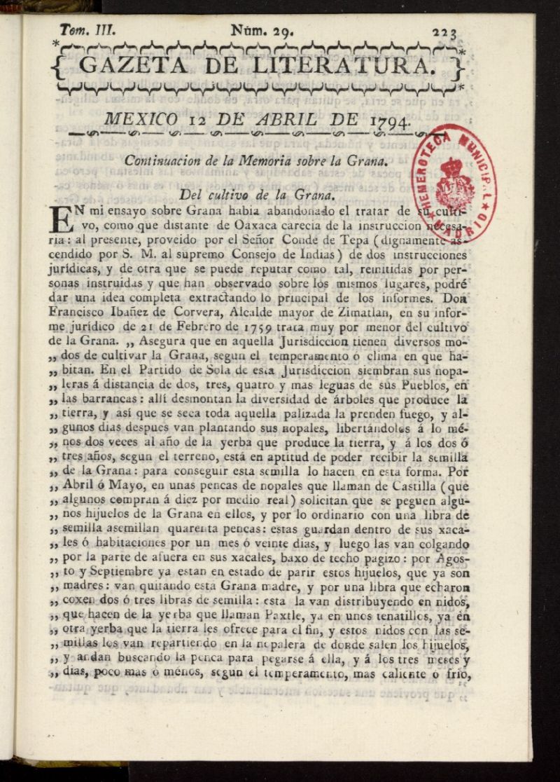 Gaceta de Literatura del 12 de abril de 1794, n 29