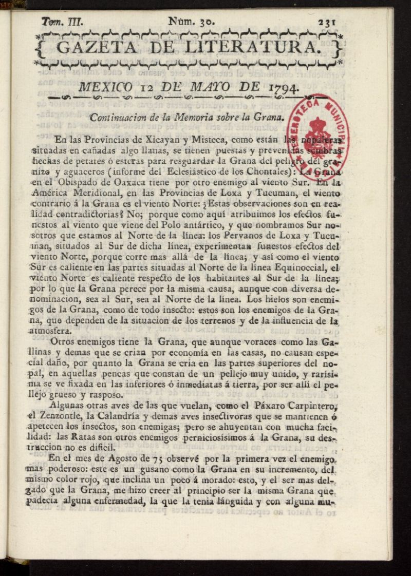 Gaceta de Literatura del 12 de mayo de 1794, n 30