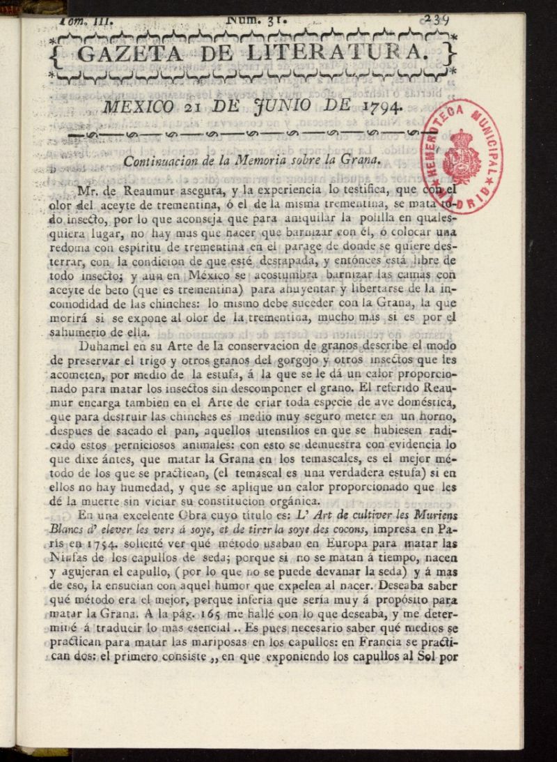 Gaceta de Literatura el 21 de junio de 1794, n 31