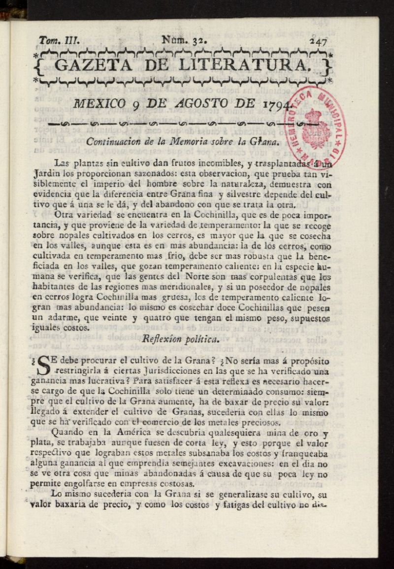 Gaceta de Literatura del 9 de agosto de 1794, n 32