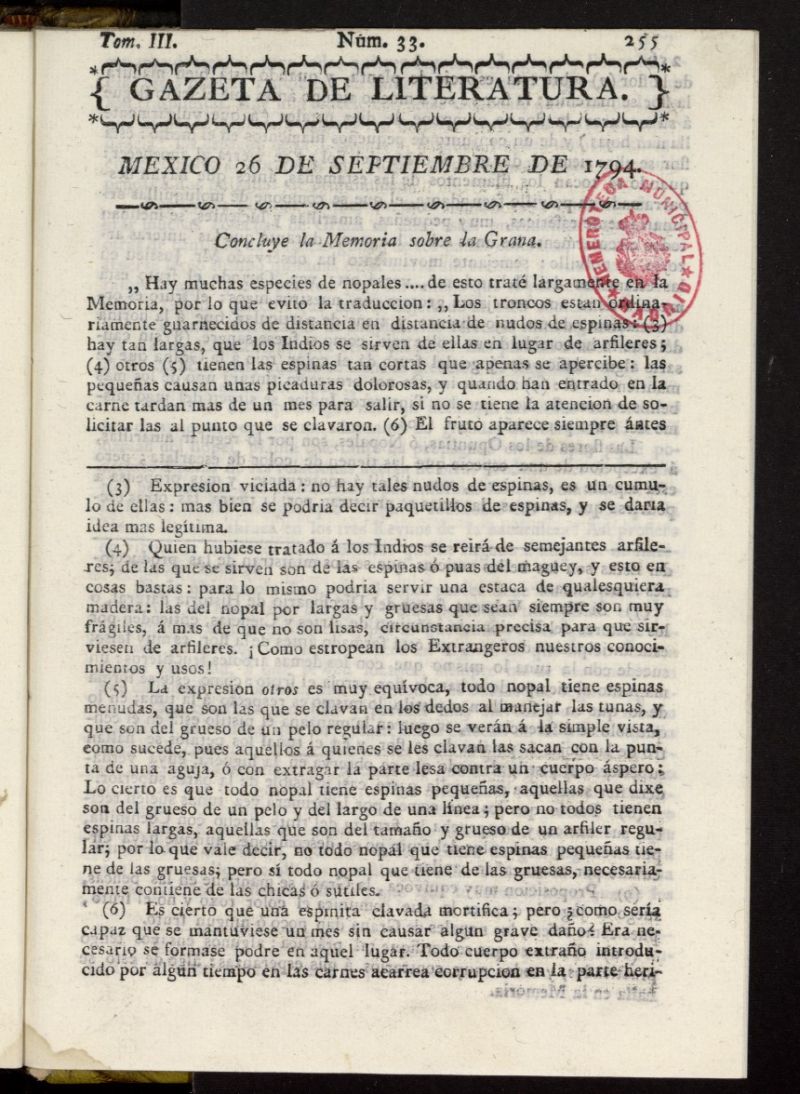 Gaceta de Literatura del 26 de septiembre de 1794, n 33