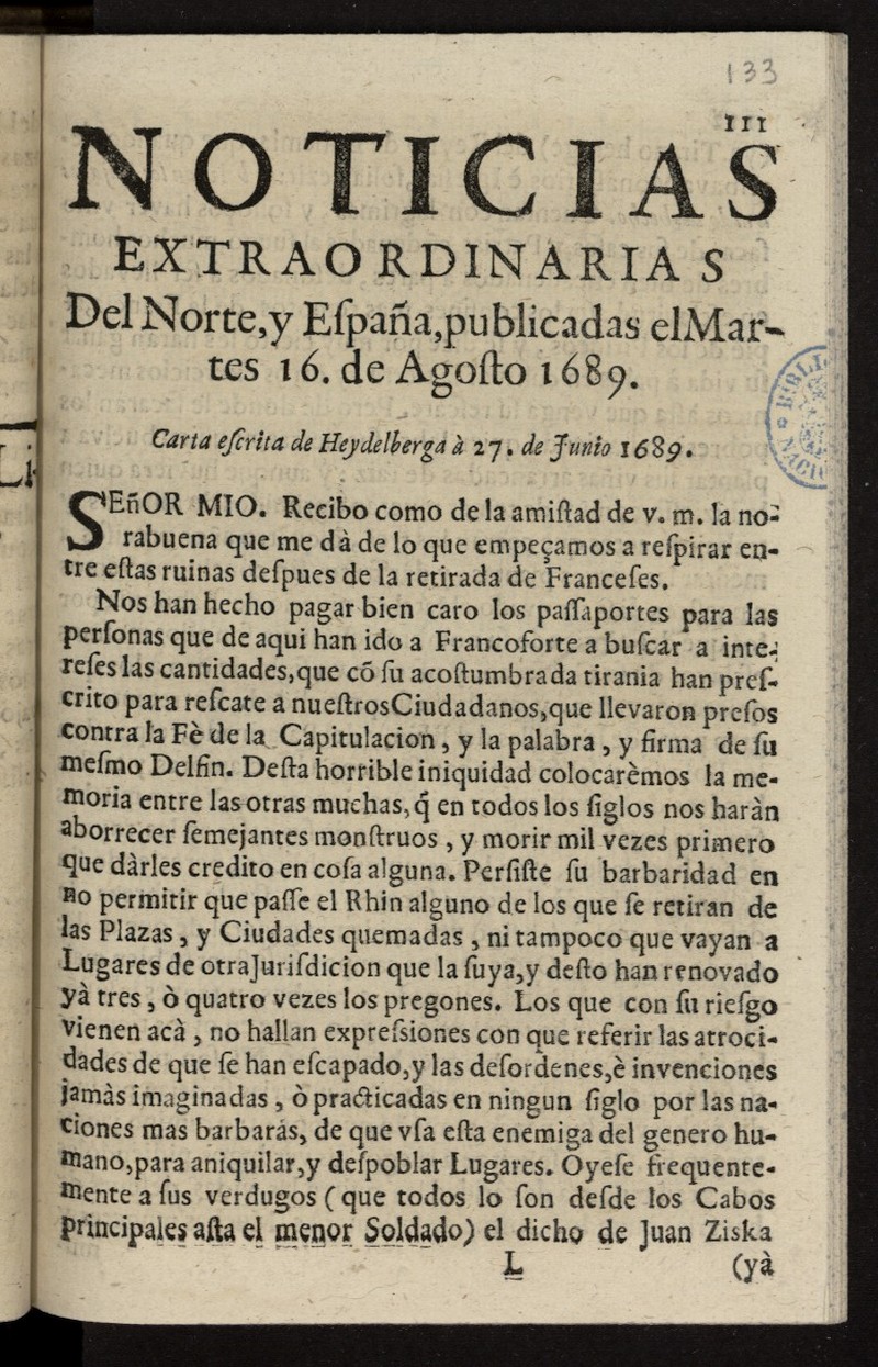 Noticias extraordinarias del Norte y Espaa del 16 de agosto de 1689