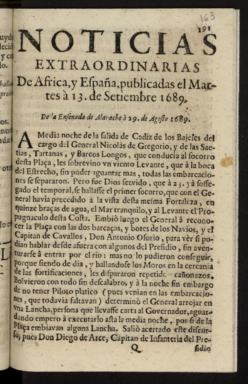 Noticias extraordinarias de frica y Espaa del 13 de septiembre de 1689