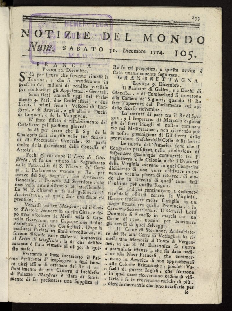 Notizie del Mondo del 31 de diciembre de 1774, n  105