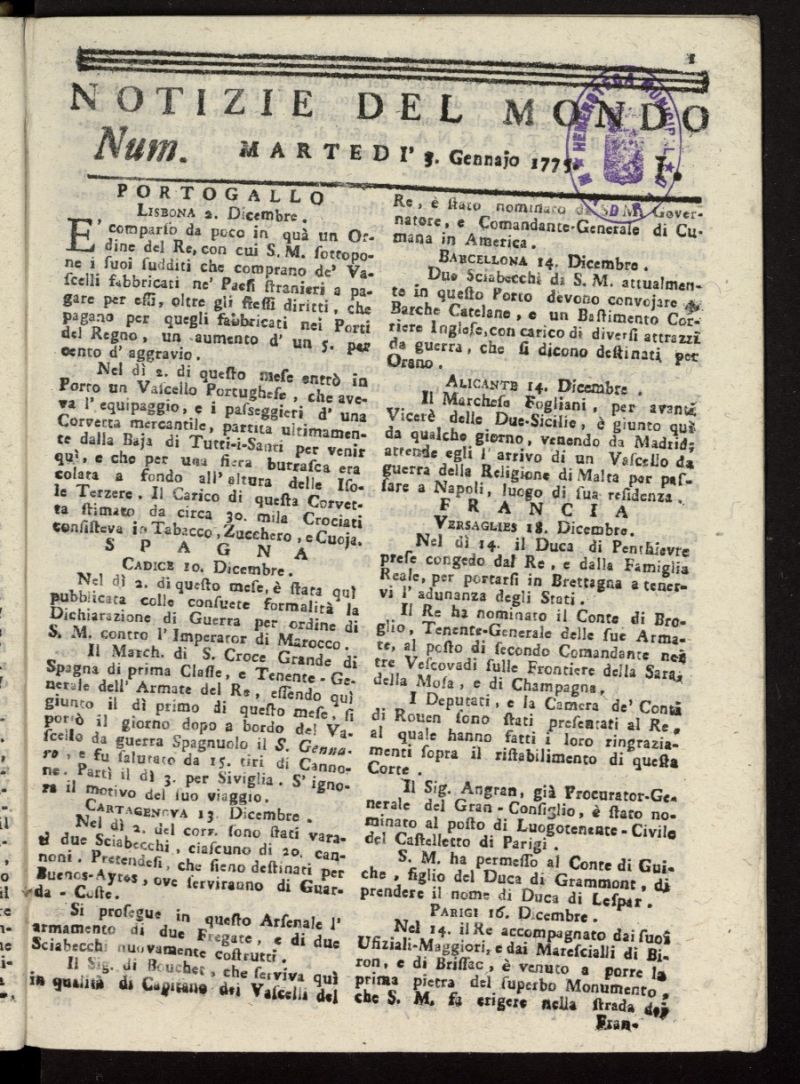 Notizie del Mondo del 3 de enero de 1775, n 1