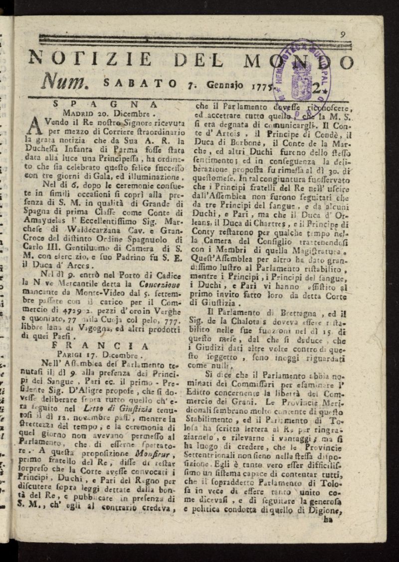 Notizie del Mondo del 7 de enero de 1775, n 2