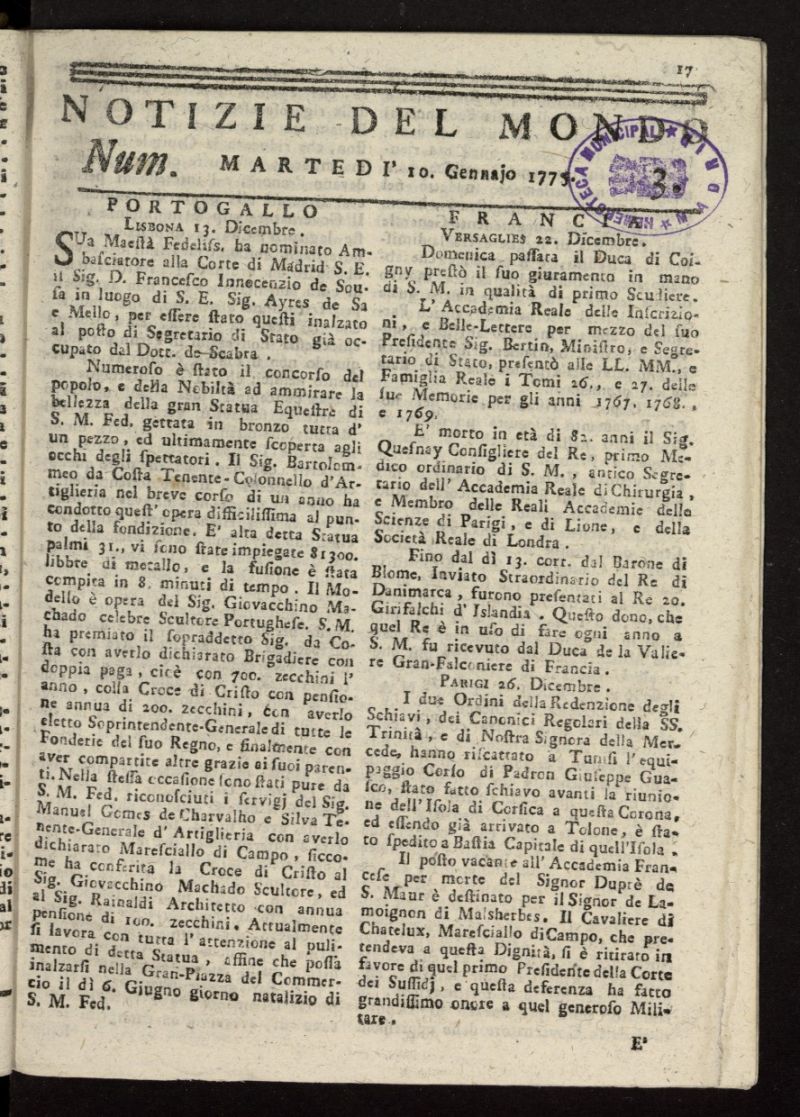 Notizie del Mondo del 10 de enero de 1775, n 3