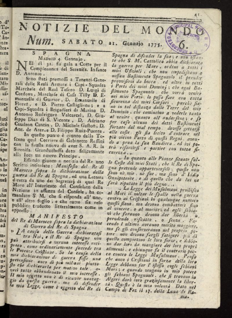 Notizie del Mondo del 21 de enero de 1775, n 6