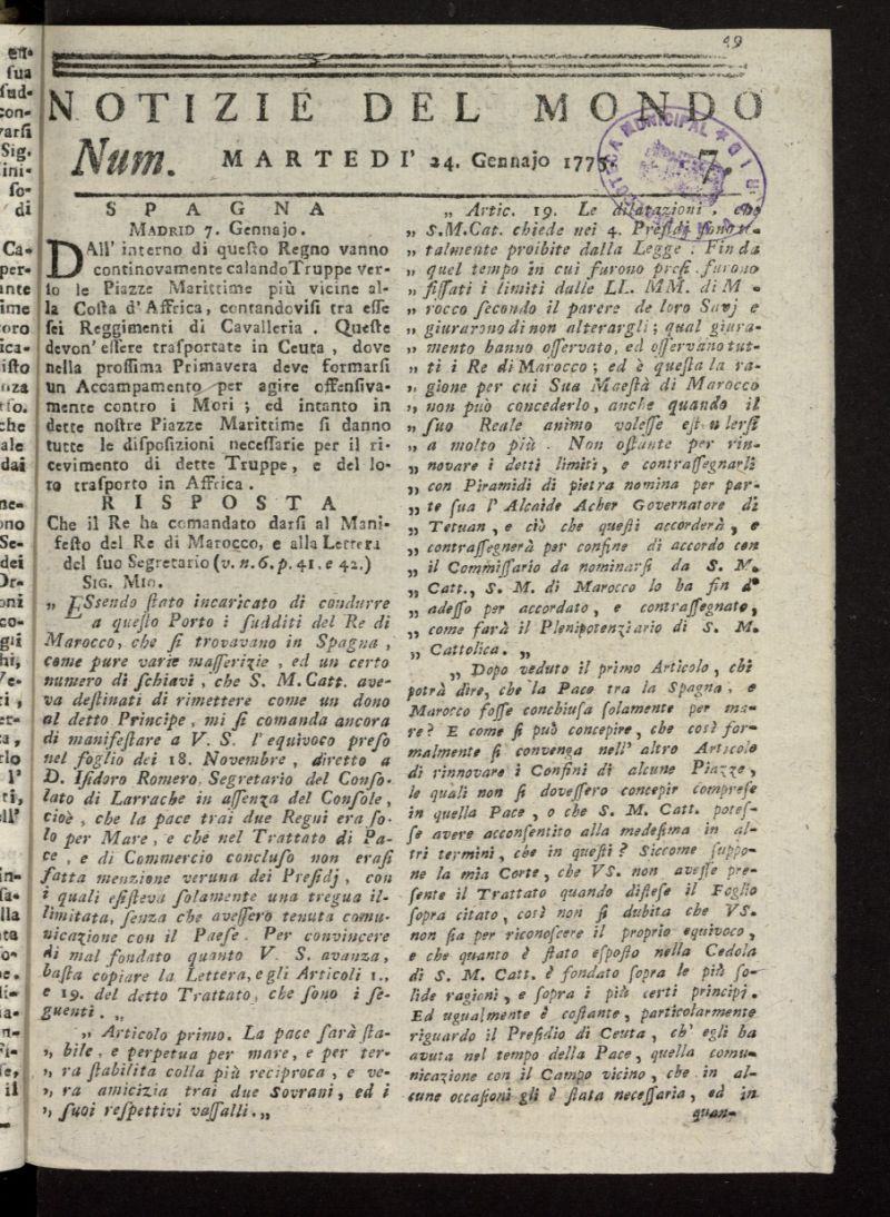 Notizie del Mondo del 24 de enero de 1775, n 7