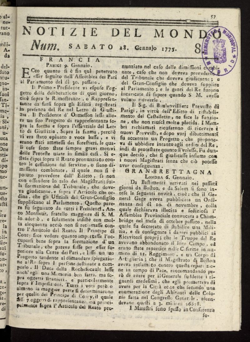 Notizie del Mondo del 28 de enero de 1775, n 8
