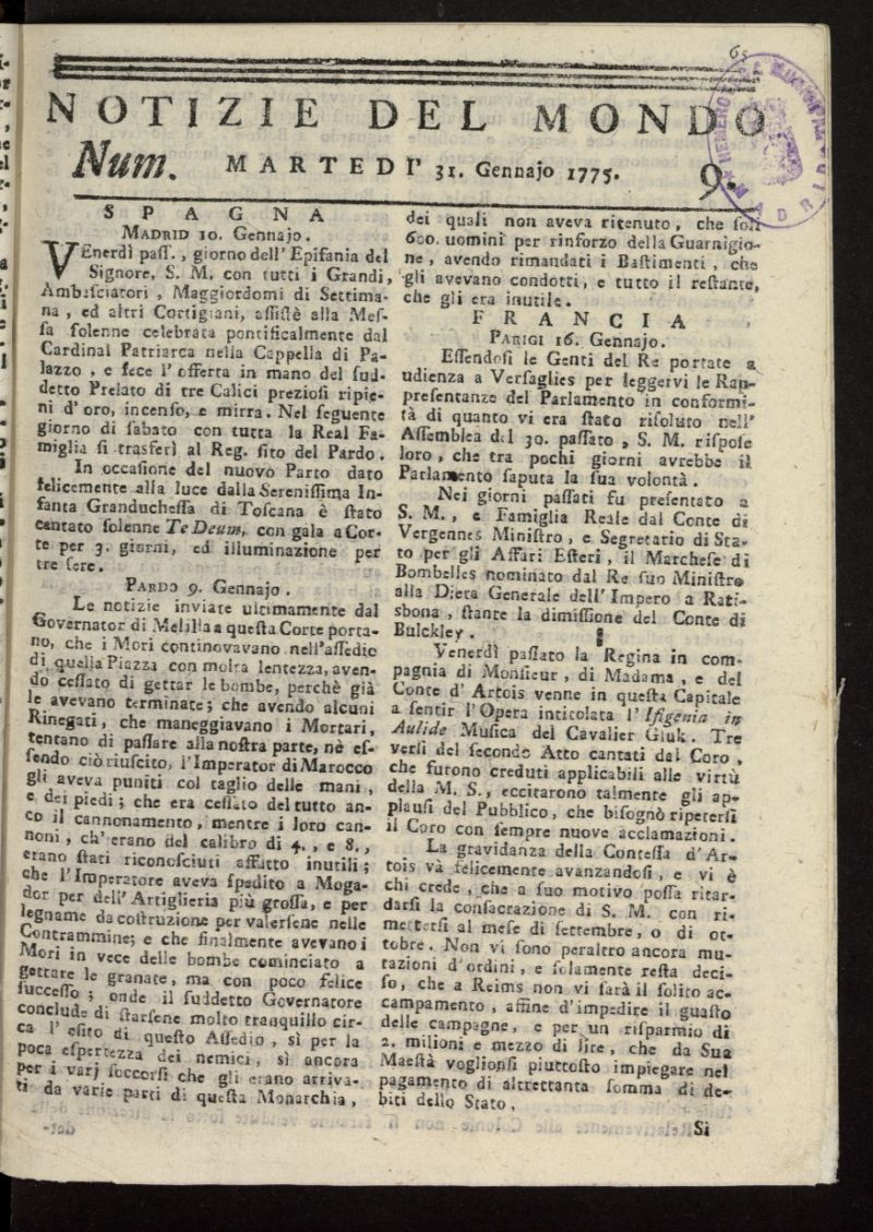 Notizie del Mondo del 31 de enero de 1775, n 9