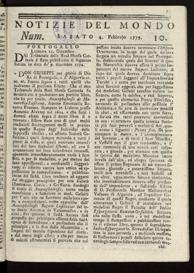 Notizie del Mondo del 4 de febrero de 1775, n 10