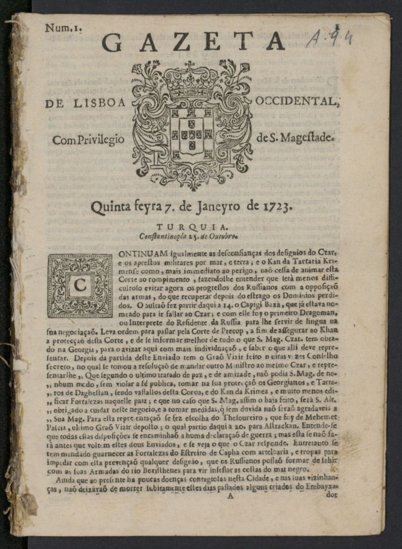 Gazeta de Lisboa Occidental del 7 de enero de 1723, n 1