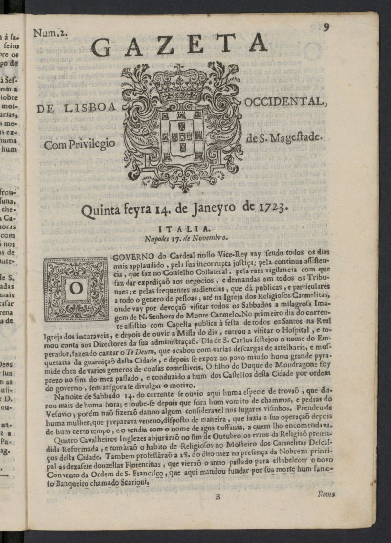 Gazeta de Lisboa Occidental del 14 de enero de 1723, n 2