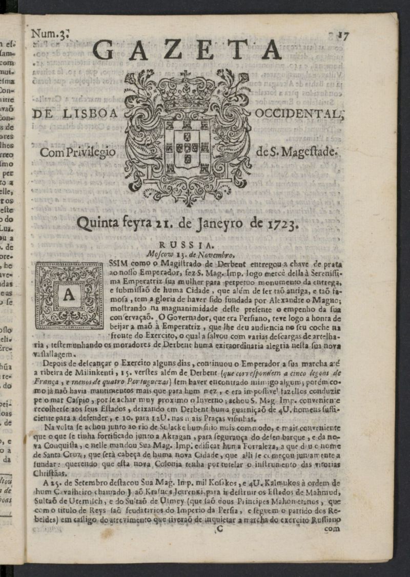 Gazeta de Lisboa Occidental del 21 de enero de 1723, n 3