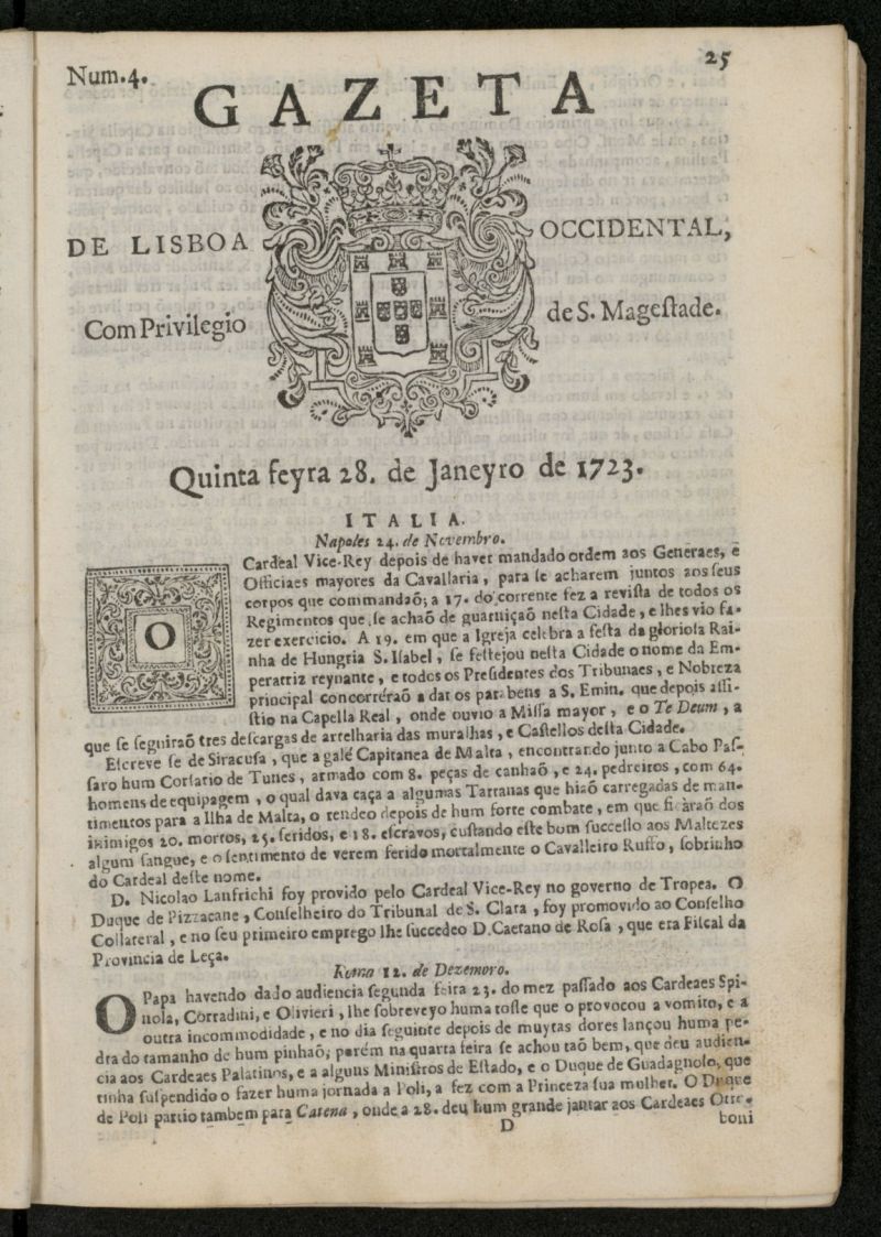 Gazeta de Lisboa Occidental del 28 de enero de 1723, n 4