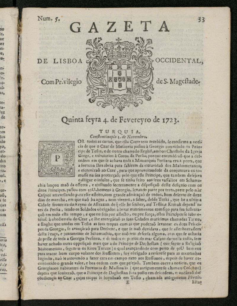 Gazeta de Lisboa Occidental del 4 de febrero de 1723, n 5