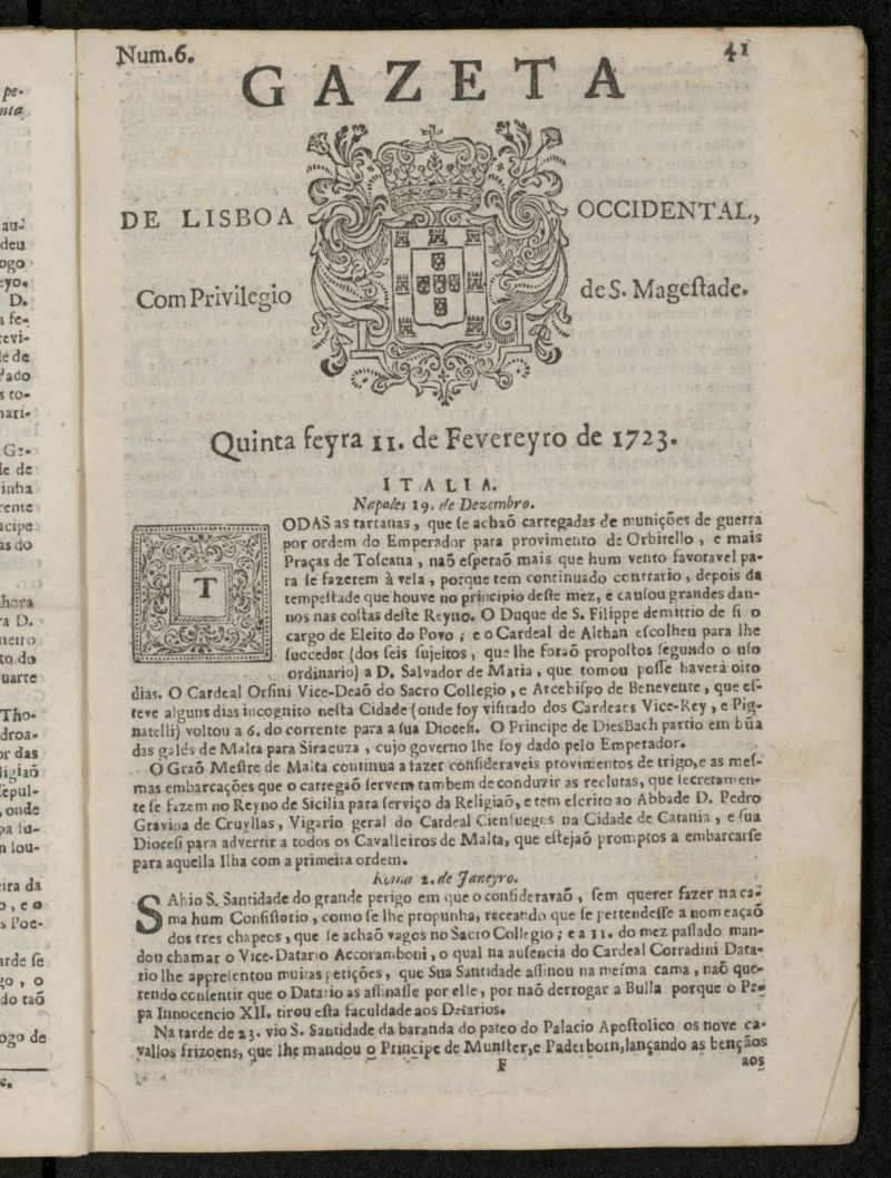 Gazeta de Lisboa Occidental del 11 de febrero de 1723, n 6