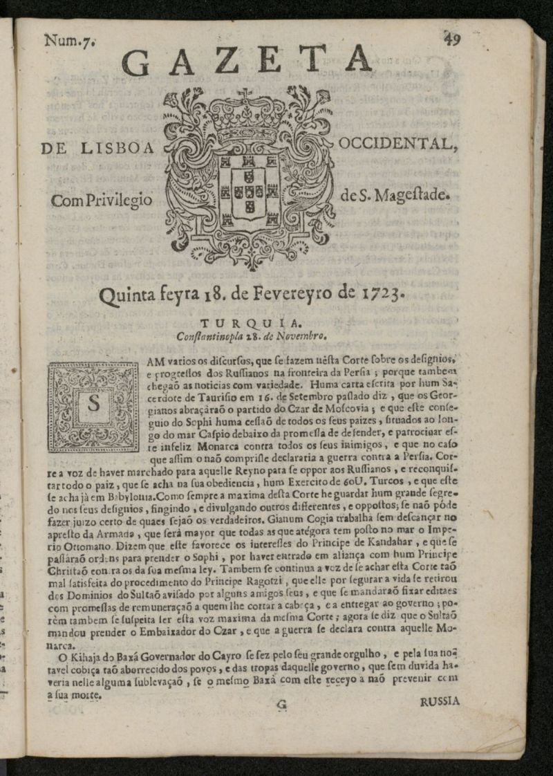 Gazeta de Lisboa Occidental del 18 de febrero de 1723, n 7