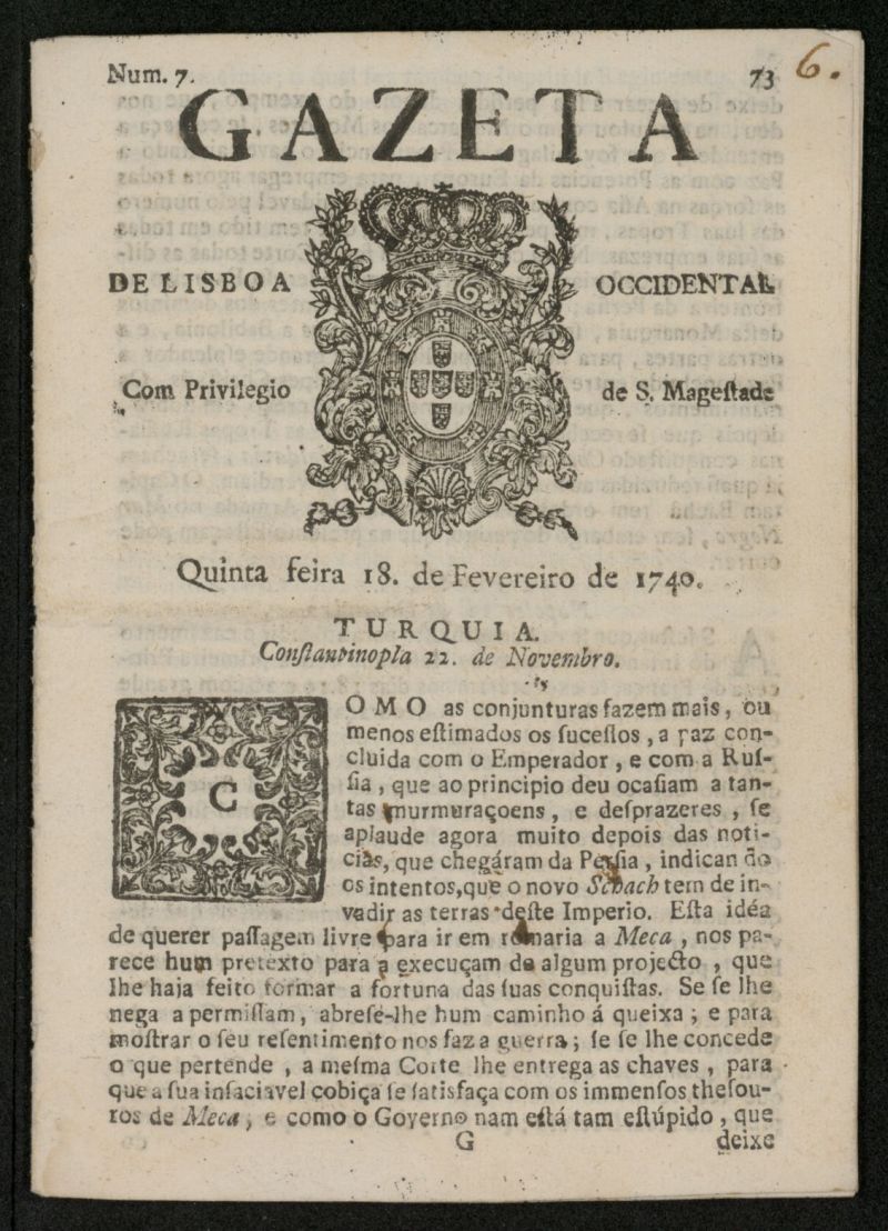 Gazeta de Lisboa Occidental del 18 de febrero de 1740, n 7
