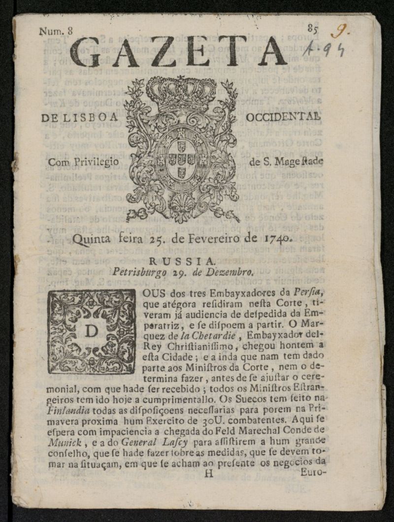 Gazeta de Lisboa Occidental del 25 de febrero de 1740, n 8