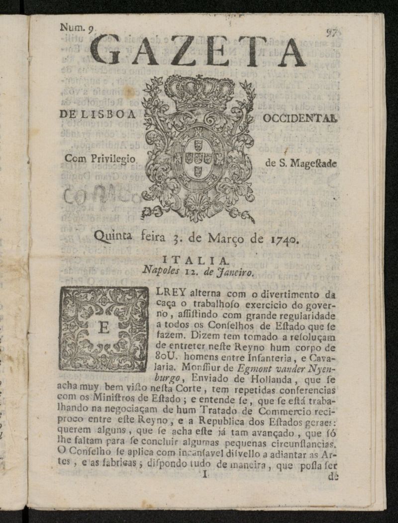 Gazeta de Lisboa Occidental del 3 de marzo de 1740, n 9