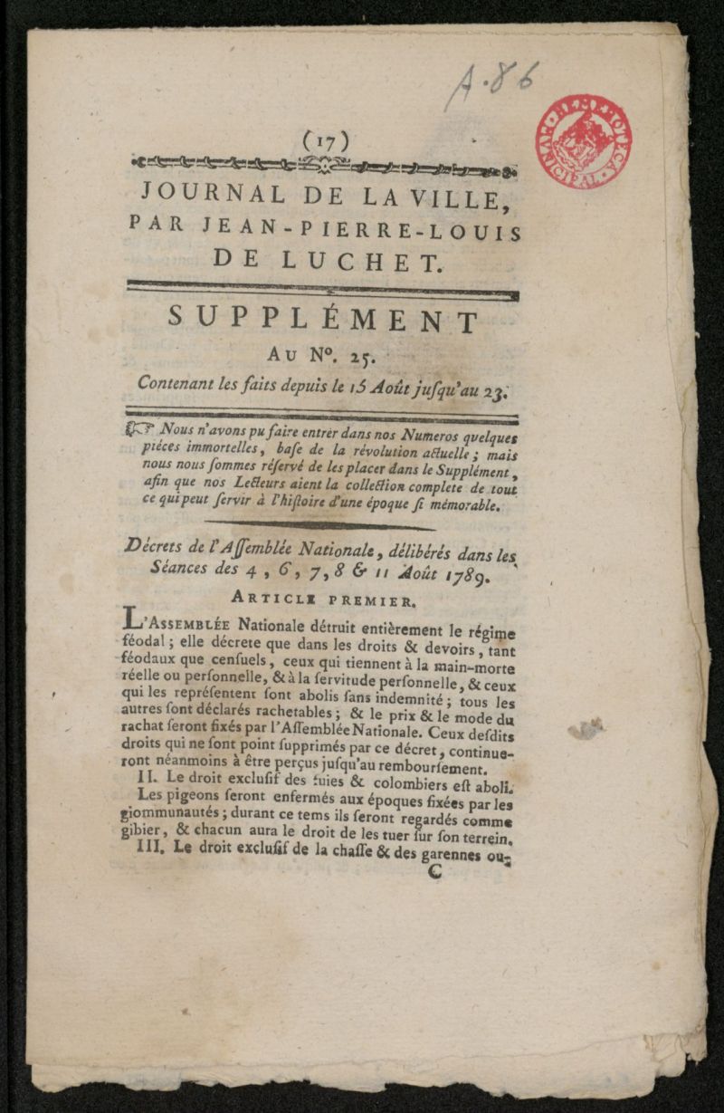 Journal de la Ville del 23 de agosto de 1789, suplemento al n 25