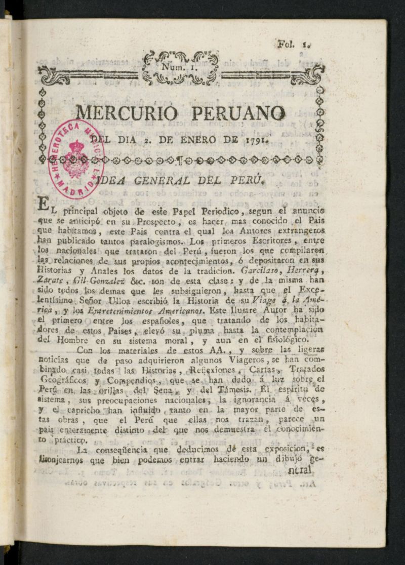 Mercurio Peruano de Historia, Literatura y Noticias Pblicas del 2 de enero de 1791