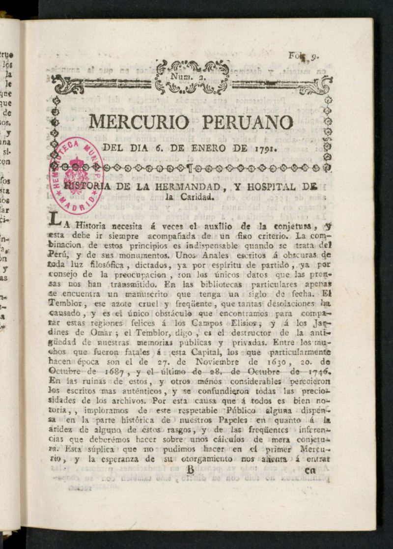 Mercurio Peruano de Historia, Literatura y Noticias Pblicas del 6 de enero de 1791
