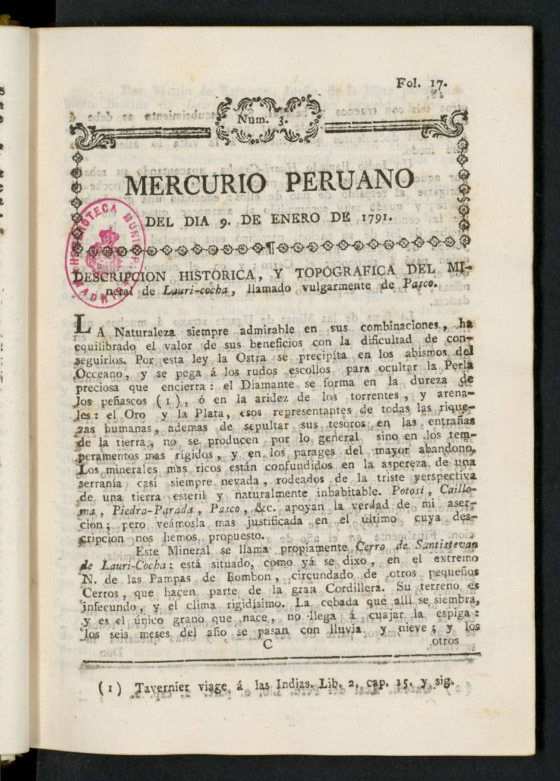 Mercurio Peruano de Historia, Literatura y Noticias Pblicas del 9 de enero de 1791