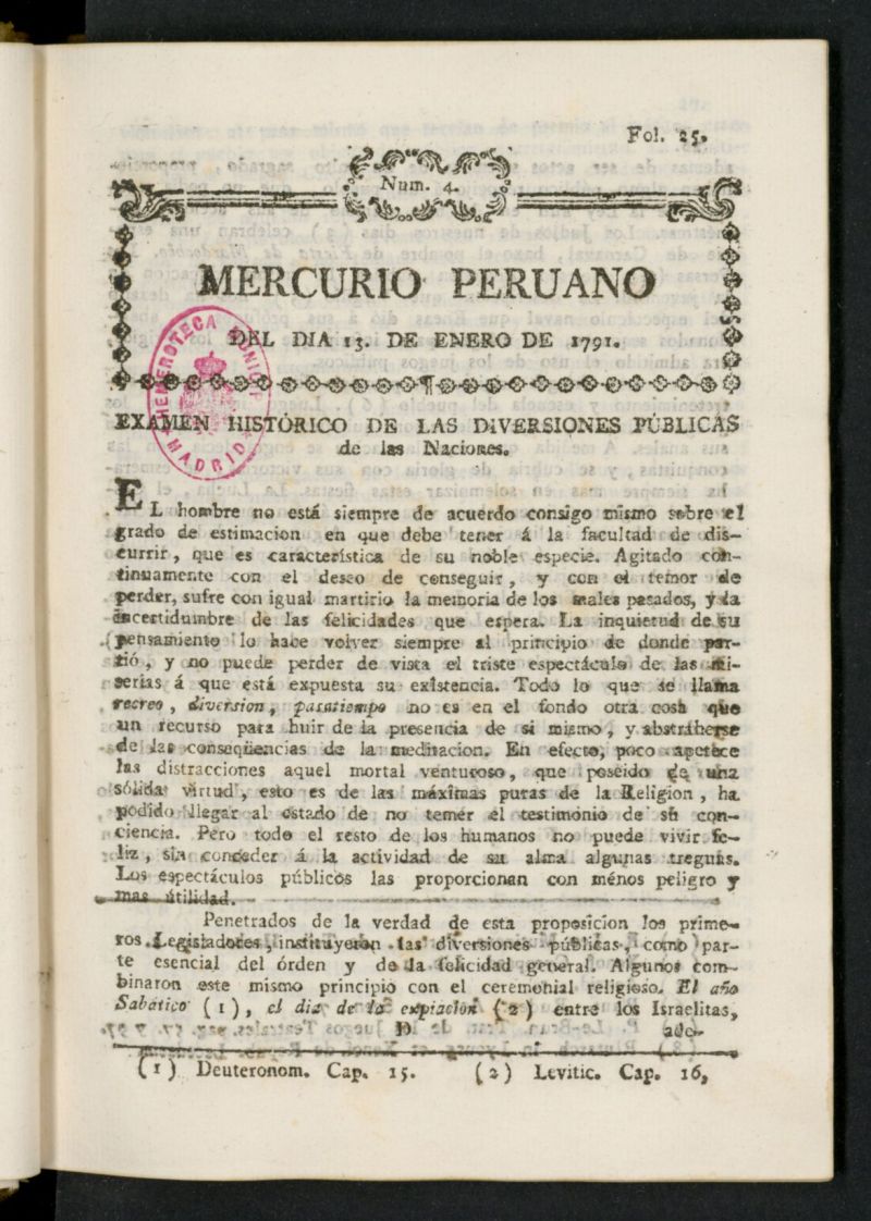 Mercurio Peruano de Historia, Literatura y Noticias Pblicas del 13 de enero de 1791