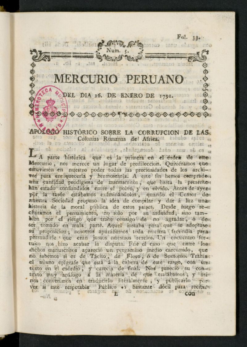 Mercurio Peruano de Historia, Literatura y Noticias Pblicas del 16 de enero de 1791