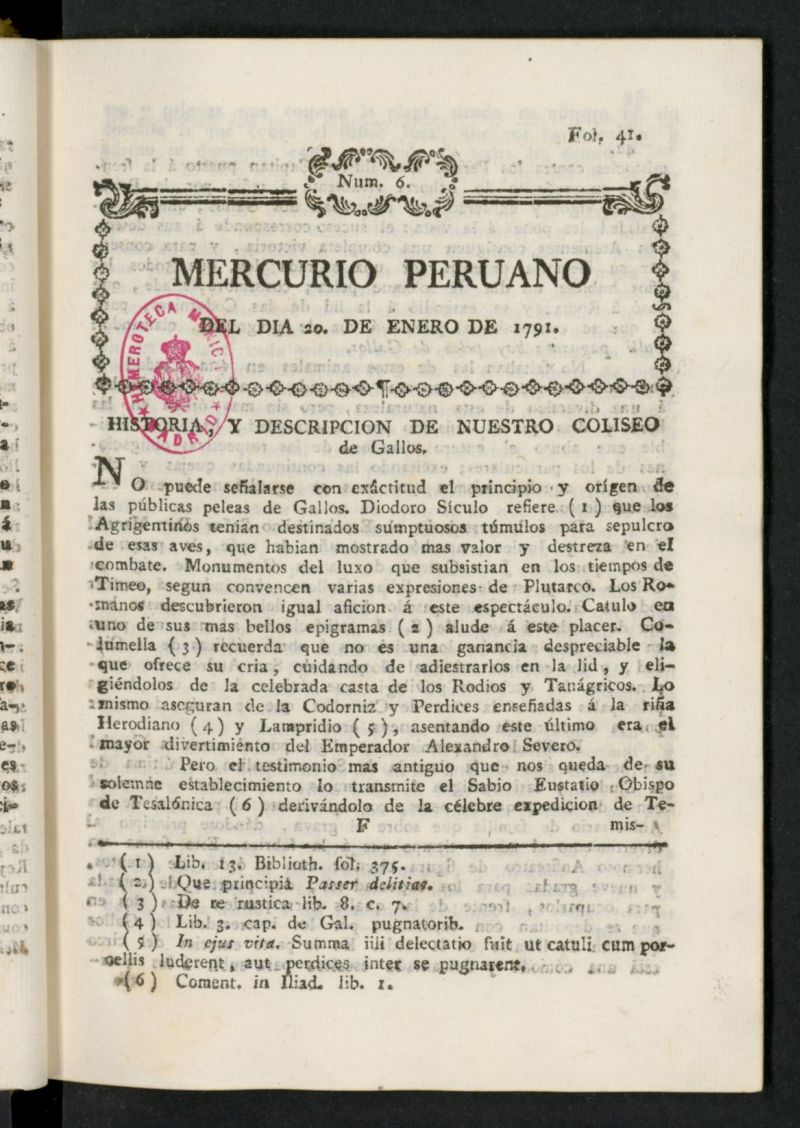 Mercurio Peruano de Historia, Literatura y Noticias Pblicas del 20 de enero de 1791