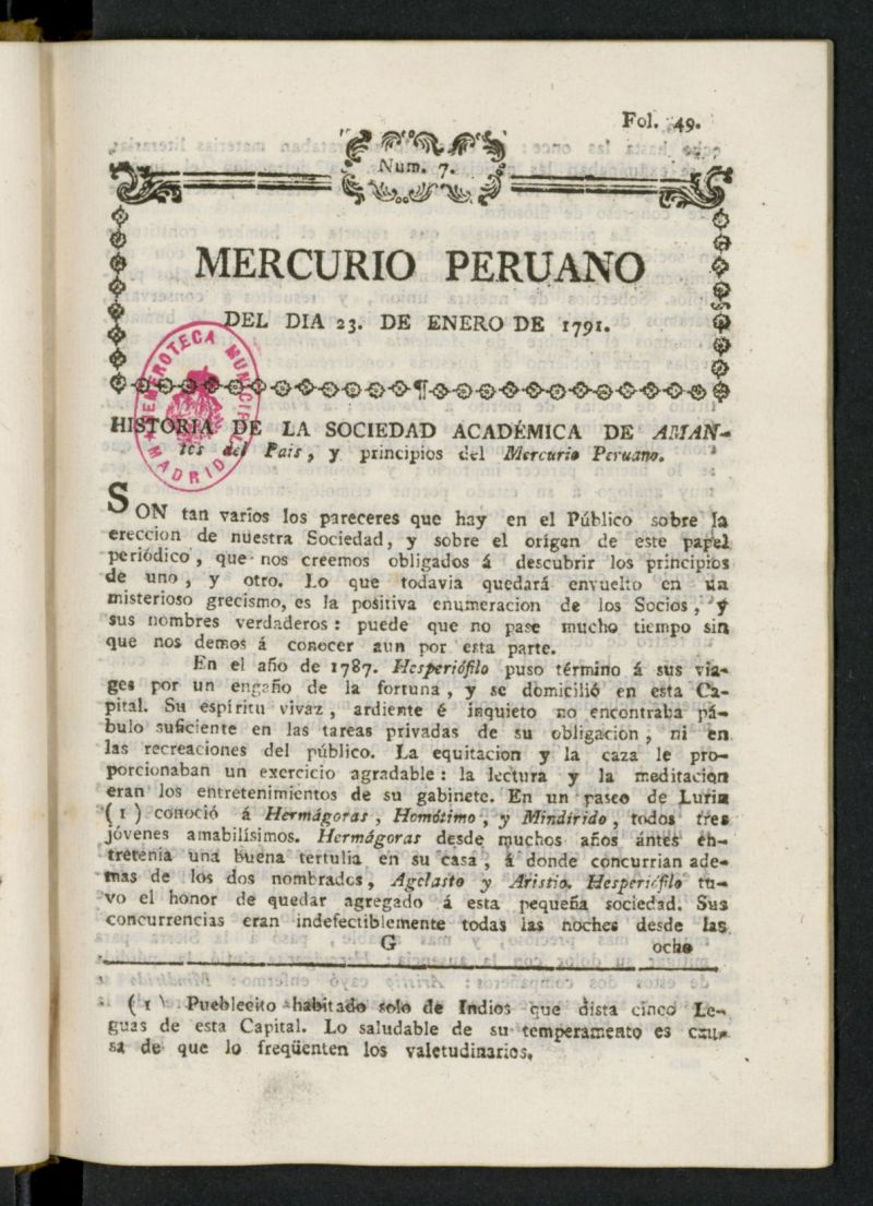 Mercurio Peruano de Historia, Literatura y Noticias Pblicas del 23 de enero de 1791