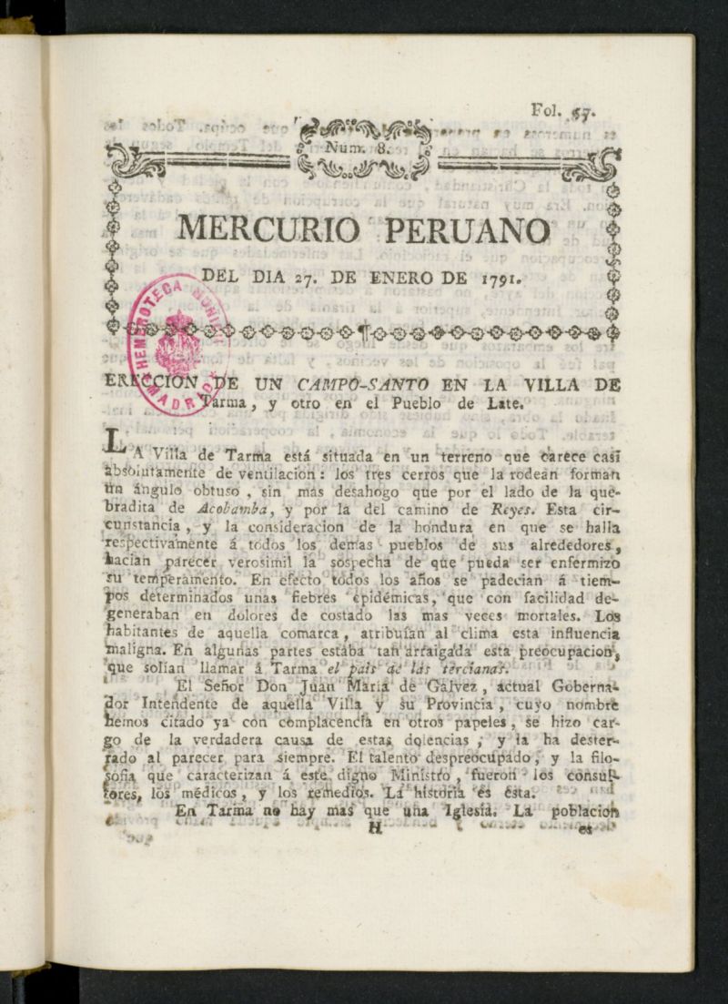 Mercurio Peruano de Historia, Literatura y Noticias Pblicas del 27 de enero de 1791