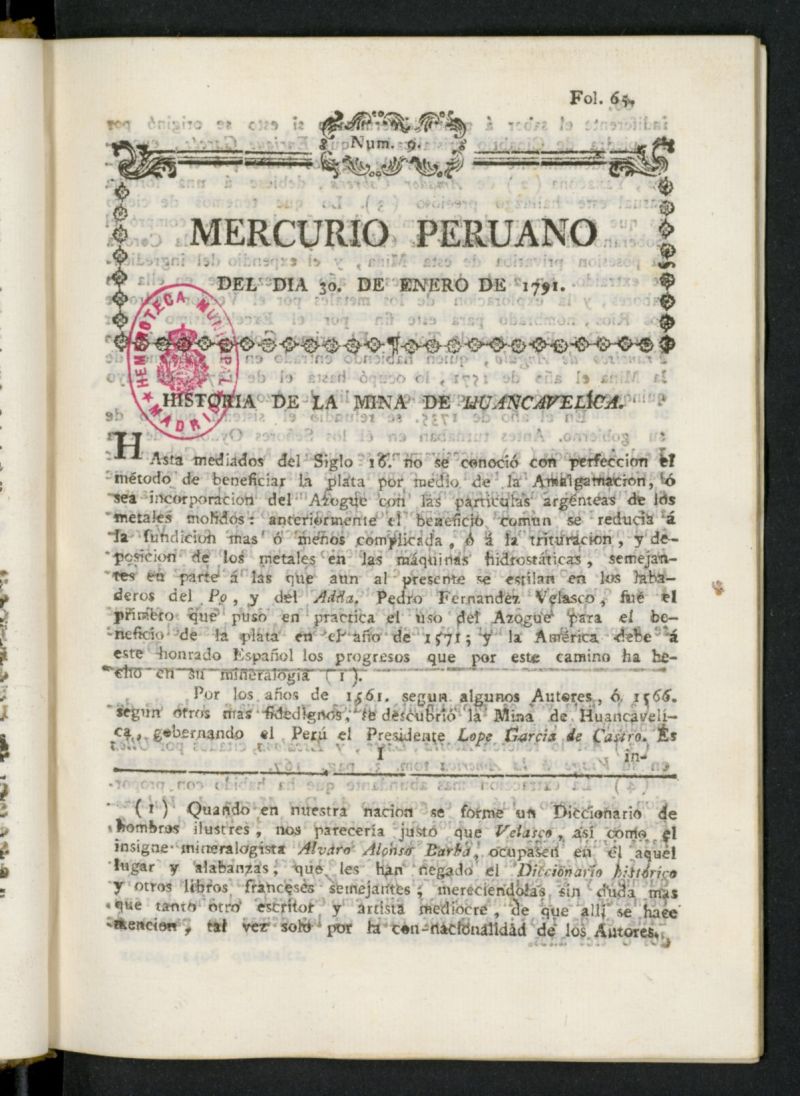 Mercurio Peruano de Historia, Literatura y Noticias Pblicas del 30 de enero de 1791