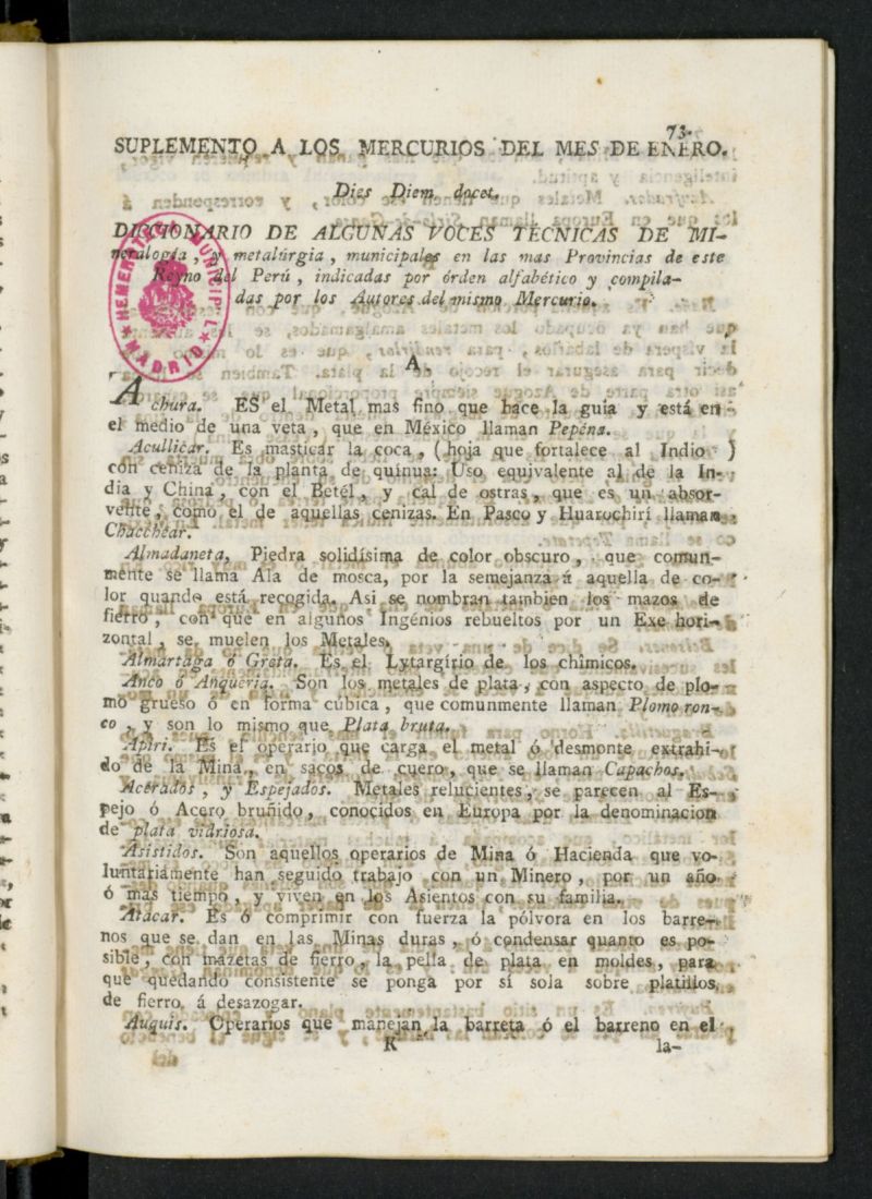 Mercurio Peruano de Historia, Literatura y Noticias Pblicas de enero 1791, suplemento