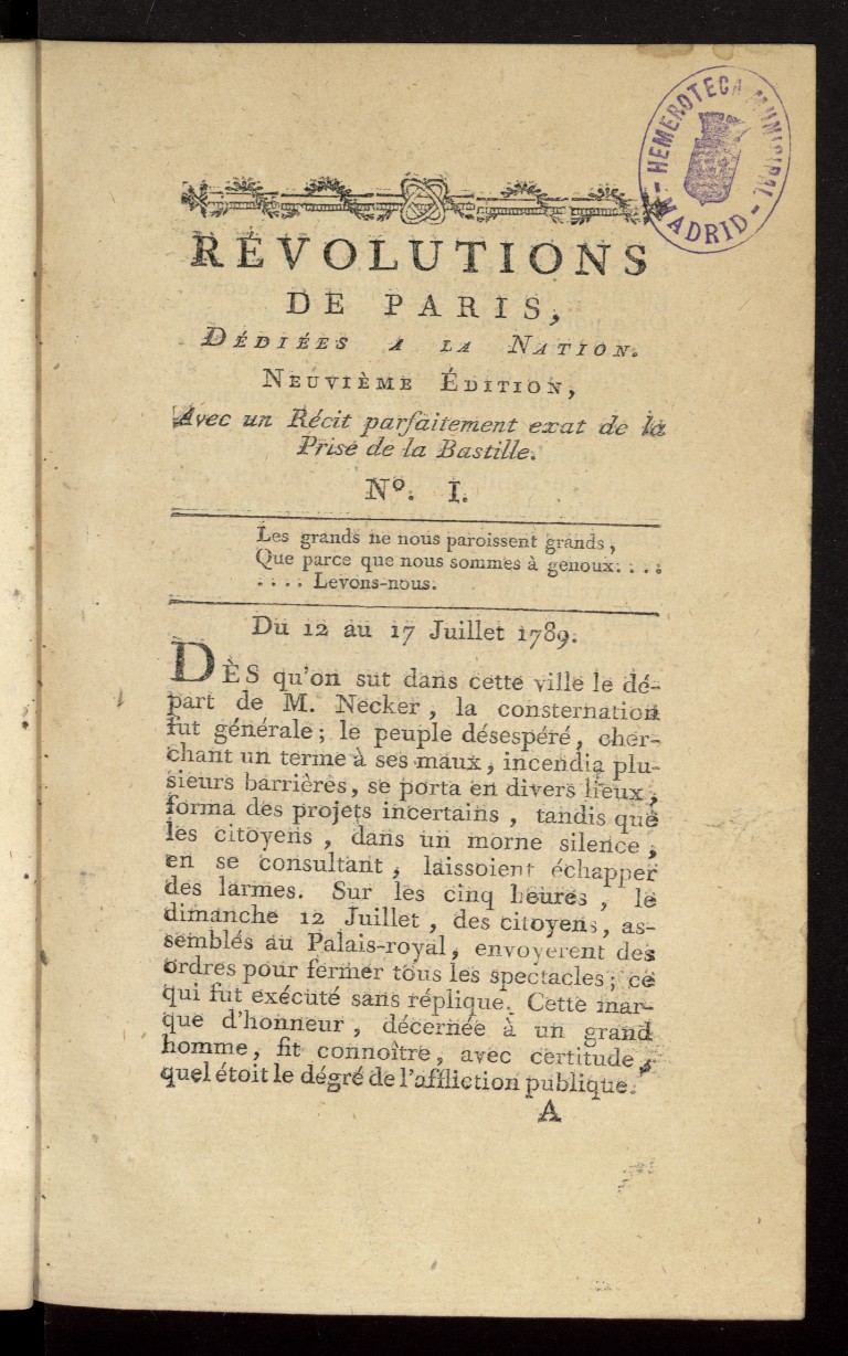 Revolutions de Paris : ddies a la nation et au district des Petits Augustins del 12 al 17 de julio de 1789, n 1