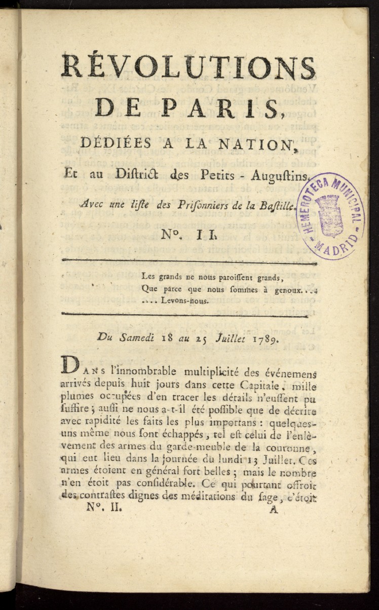 Revolutions de Paris : ddies a la nation et au district des Petits Augustins del 18 al 25 de julio de 1789, n 2