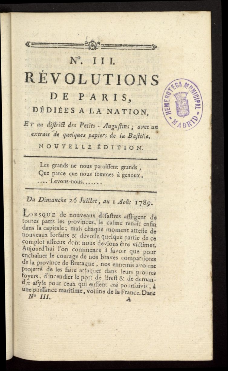 Revolutions de Paris : ddies a la nation et au district des Petits Augustins del 26 de julio al 1 de agosto de 1789, n 3