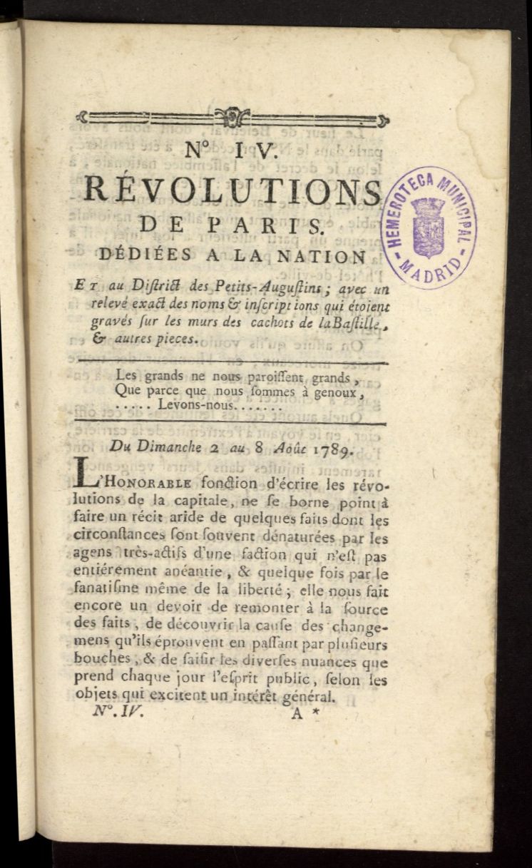 Revolutions de Paris : ddies a la nation et au district des Petits Augustins del 2 al 8 de agosto de 1789, n 4