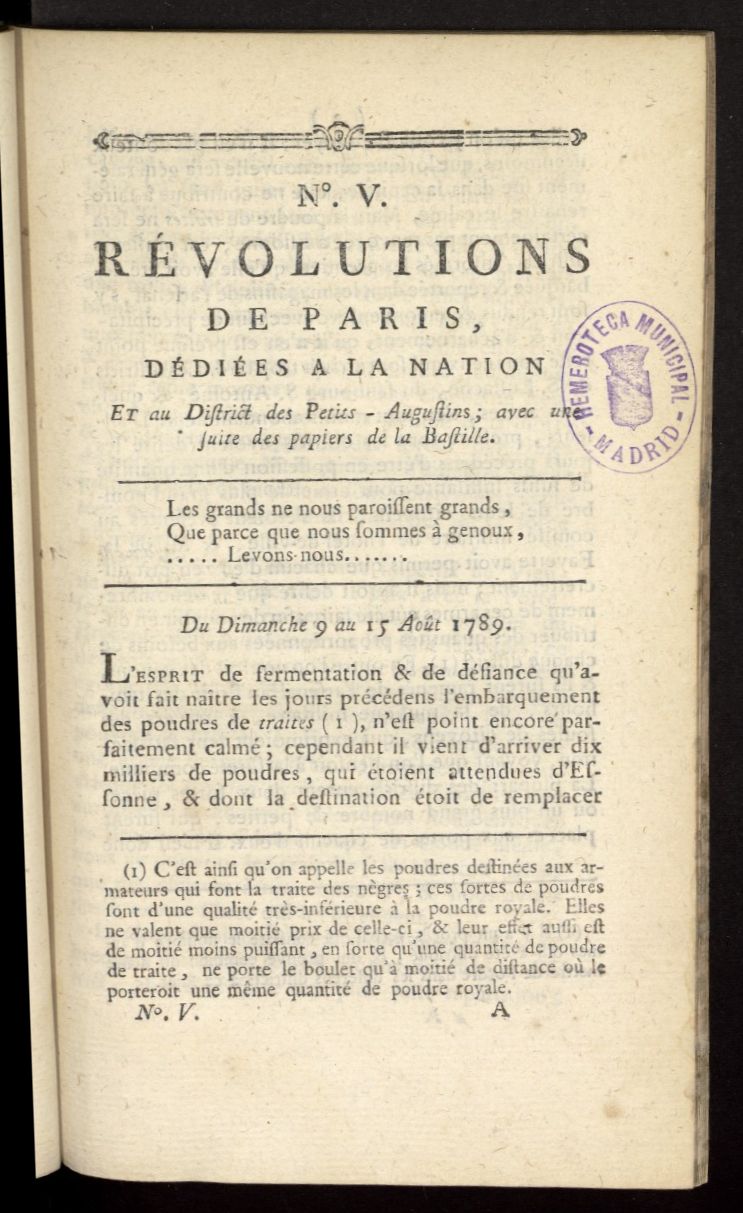 Revolutions de Paris : ddies a la nation et au district des Petits Augustins del 9 al 15 de agosto de 1789, n 5