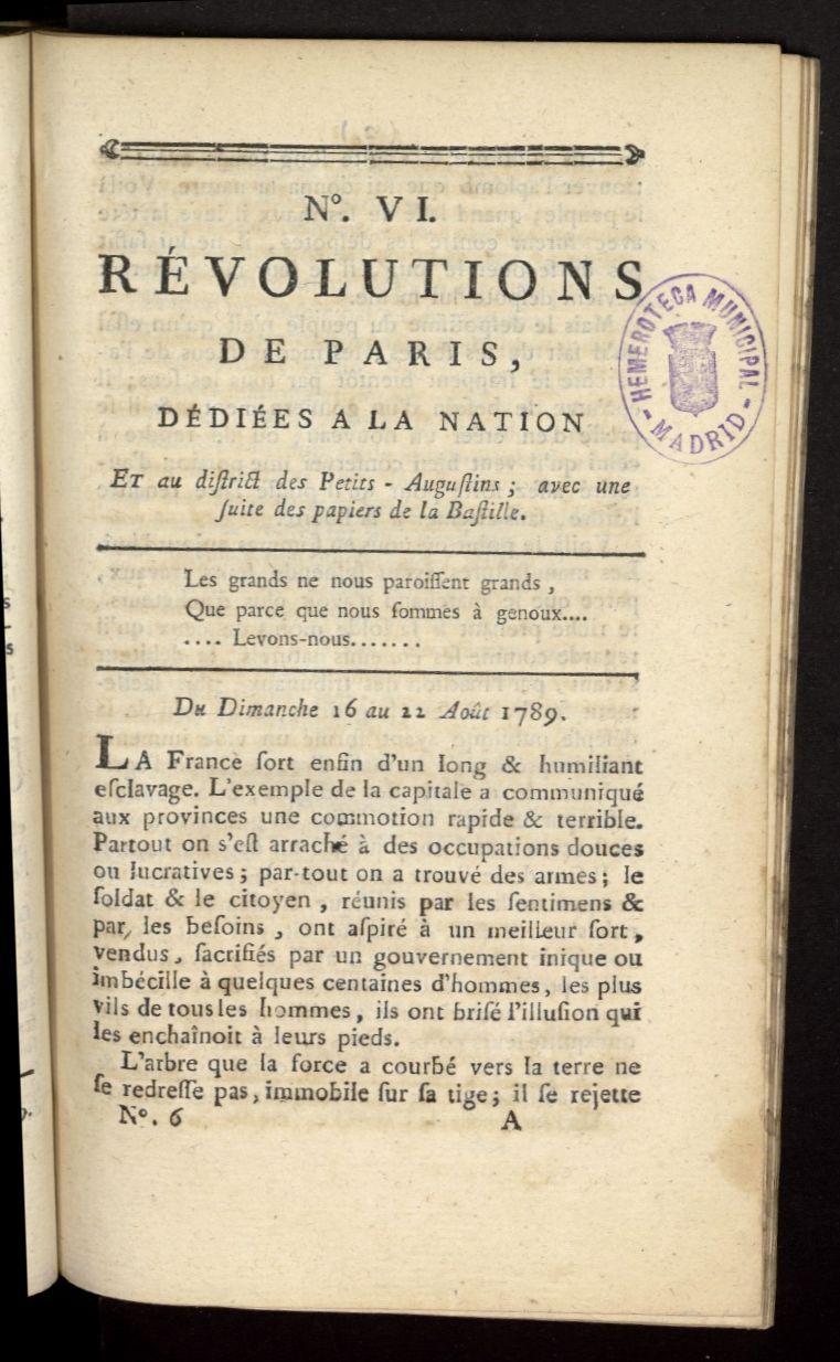 Revolutions de Paris : ddies a la nation et au district des Petits Augustins del 16 al 22 de agosto de 1789, n 6