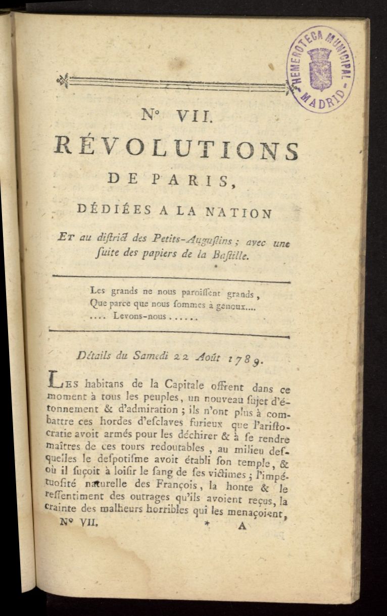 Revolutions de Paris : ddies a la nation et au district des Petits Augustins del 22 de agosto de 1789, n 7