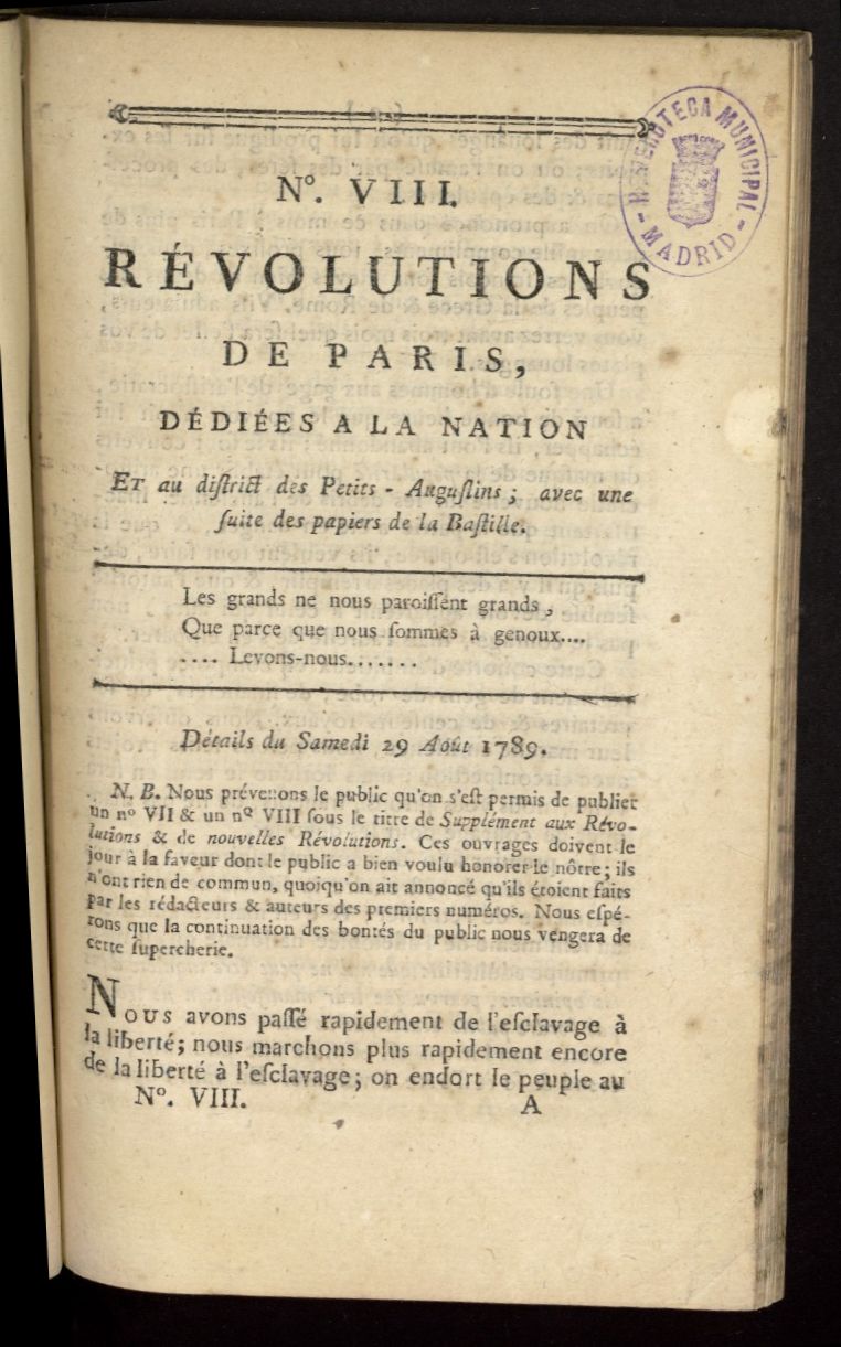 Revolutions de Paris : ddies a la nation et au district des Petits Augustins del 29 de agosto de 1789, n 8